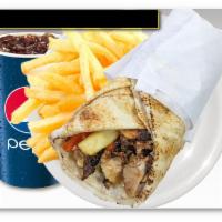Chicken Shawarma Wrap Combo · Chicken, tomato, lettuce, garlic sauce, and pickles. French fries, and soft drink