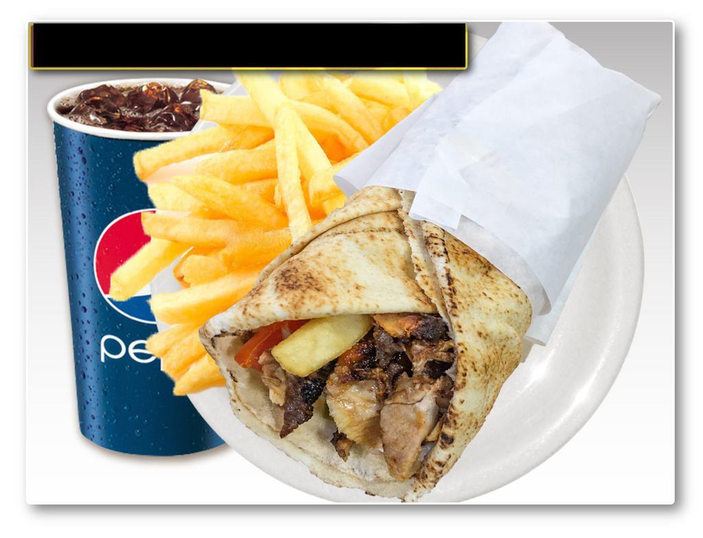 Chicken Shawarma Wrap Combo · Chicken, tomato, lettuce, garlic sauce, and pickles. French fries, and soft drink