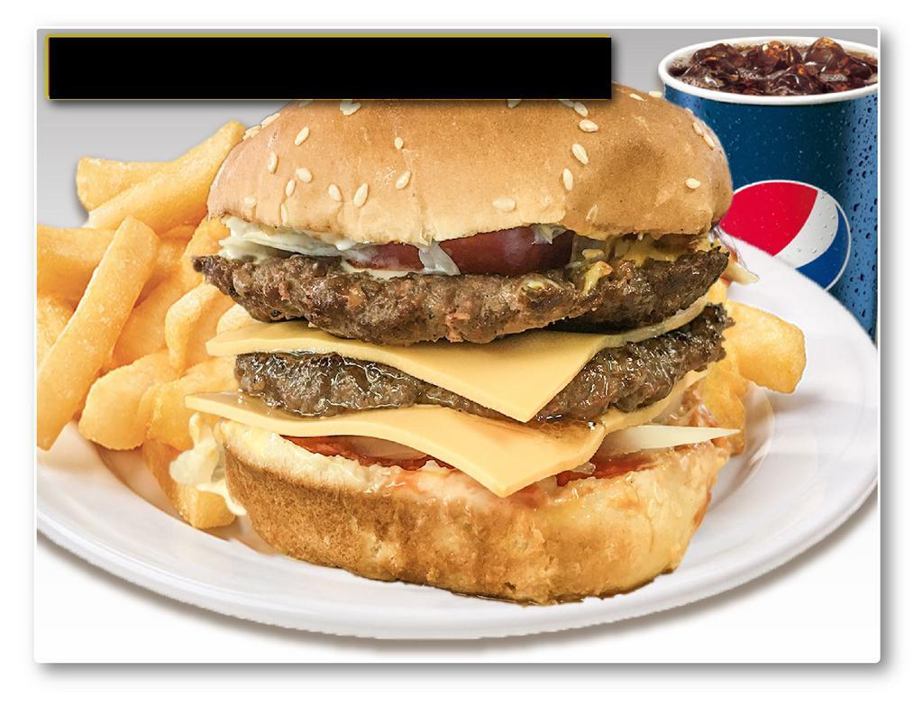 Double Cheese Burger Combo · Double beef patty, double cheese, ketchup, mustard.
French fries, and soft drink