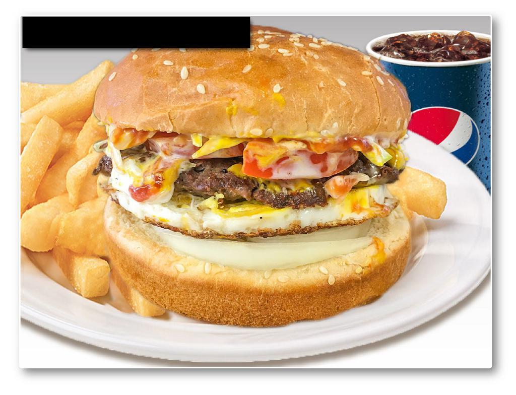 Egg Burger Combo · Beef patty, egg, ketchup, mustard.
French fries, and soft drink