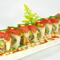 Red Dragon Roll · Eel, avocado and asparagus topped with spicy tuna served with spicy mayo and eel sauce.