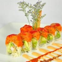 Manhattan Roll · Shrimp tempura and avocado topped with spicy tuna, served with spicy mayonnaise and eel sauce.