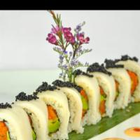 White House Roll · Crunchy spicy white tuba and avocado topped with white tuna and caviar served with spicy mayo.
