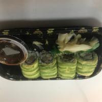 Peking Duck Roll · Duck, scallion, cucumber on top with avocado, and with teriyaki sauce.