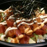C. Salmon and Tuna Poke Bowl · Salmon and tuna with spicy mayo, eel sauce, mixed green, seaweed, avocado, kani, tobiko, sea...