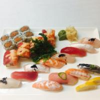 Sushi for 2 Party Platter · 12 pieces of assorted sushi and spicy tuna roll and hako sushi roll.