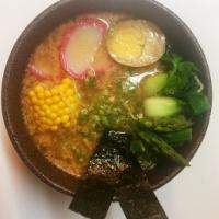 Vegetable Ramen · Assorted vegetable. Served with corn, seaweed, bamboo shoot, scallions, naruto fish cakes, e...