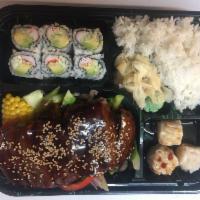 Teriyaki Bento Box · Served with 6 pieces California roll, 3 pieces shumai, rice and choice of side.