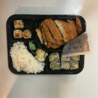 Chicken Katsu Bento Box · Served with 6 pieces California roll, 3 pieces shumai, rice and choice of side.