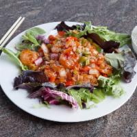 Shrimp with Spicy Tomato and Basil Sauce Dinner · Shrimp sauteed with basil, minced bell peppers, onions and mushrooms. 