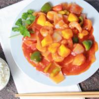 Mango Shrimp Dinner · Bring fruit to you plate. A dish of shrimp, mango cubes, onions, bell peppers, all smothered...