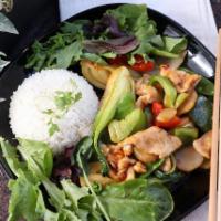 Thai Basil Chicken Dinner · A  dish with heat. All basil, bok-choy, bell peppers, water chestnut, onions and snow peas s...