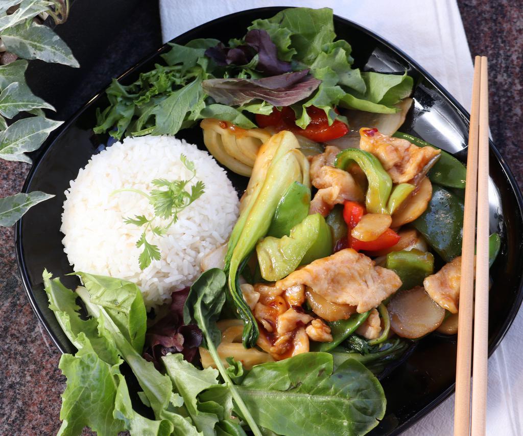 Thai Basil Chicken Dinner · A  dish with heat. All basil, bok-choy, bell peppers, water chestnut, onions and snow peas stir fried in a light flavorful sauce. Make it mild or spicy as you like
