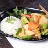 Curry Chicken in Peanut Sauce Dinner · Chicken, carrots, bell peppers, onions and mushrooms stir fried in a rich creamy peanut sauce