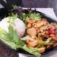 Kung Pao Chicken Dinner · Flavorful chicken stir-fried with celery, onions, water chestnuts, bamboo shoots and bell pe...