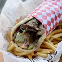 Gyro Wrap · Lettuce, tomato, onion and tzatziki sauce wrapped in pita bread. Served with your choice of ...