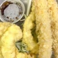 Shrimp And Vegetable Tempura · Deep-fried shrimp with tempura, 2 shrimp, and 4 vegs.