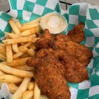 Chicken Fingers · Served with fries and honey mustard.