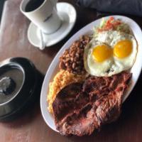 Steak and Eggs · Diesmillo steak with 2 eggs and style, rice, beans and tortillas.