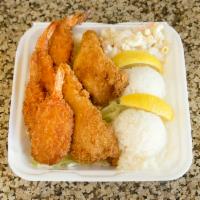 Regular Seafood Platter · Includes breaded shrimp and white fish.