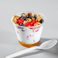 Yogurt, Berry & Granola Parfait · Yogurt, granola, honey, strawberries & blueberries.