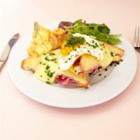Croque Madame · Gruyere, crème fraîche, sunny side up egg, pan de mei served with your choice of seasonal gr...