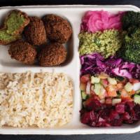 Rice Bowl · 5 falafel balls and a side of white or brown rice with your choice of salad bar toppings.