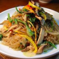 30. Japche · Stir fried potato noodle with beef and vegetable.
