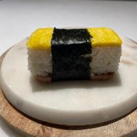 Egg & Spam Musubi · Musubi made with rice, egg, spam and seaweed.