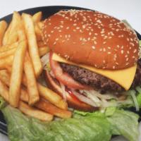 #10 Steak Burger · Generous chopped steak grilled to perfection, served with lettuce, tomatoes, onions, America...