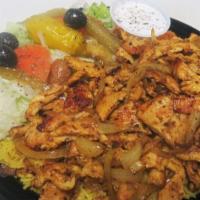 #23 Chicken Gyro · Tender grilled chicken breast, grilled onions, curry spice served on seasoned rice with a si...