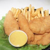 #28 Chicken Strip Basket · 4 fried pieces of battered chicken served with french fries and a side of honey mustard sauce.