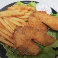 #31 Tilapia Fish Basket · 2  choice pieces of lightly battered tilapia fish. Served with french fries and a side of ta...