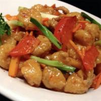 Sweet Chili Calamari · Sweet chili glaze with bell peppers and scallions.