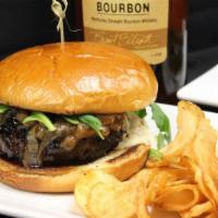 Bourbon Blue · Bourbon glaze, hickory smoked bacon, Guinness caramelized onions and blue cheese on a brioch...
