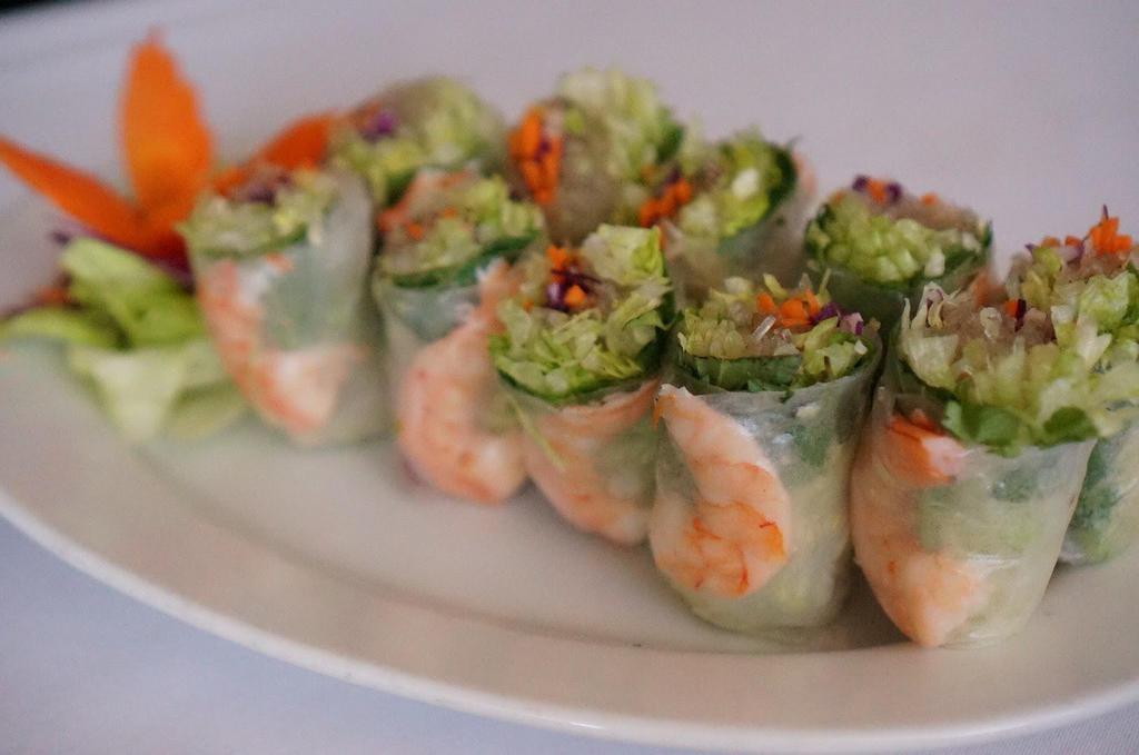 Soft Spring Roll (5 pieces) · Cooked shrimp, seasoned jelly noodles, lettuce, and fresh herbs wrapped in thin rice paper and served with delicious spicy sauce sprinkle with crush peanut.