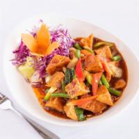 Tofu and Green Bean Delight · Fried tofu and green bean sautéed in tasty medium spicy chilli paste.
