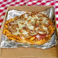 Pizza Fries · Fries topped with pizza sauce, mozzarella & pepperoni 