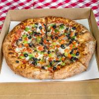 Veggie Pizza · Pizza sauce, mozzarella, mushroom, white onion, green pepper, black olive & tomato