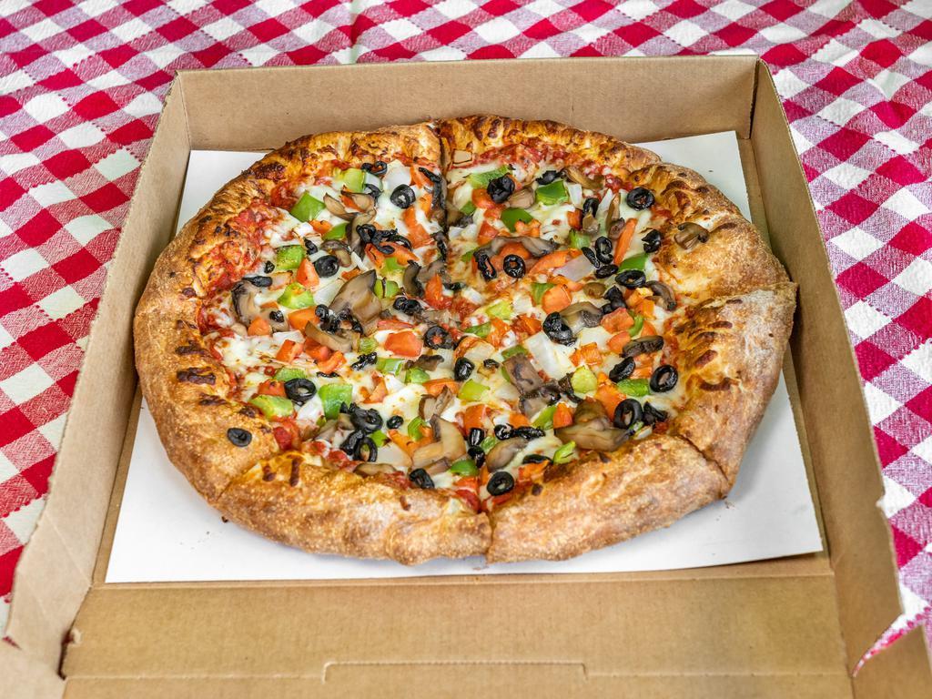 Veggie Pizza · Pizza sauce, mozzarella, mushroom, white onion, green pepper, black olive & tomato