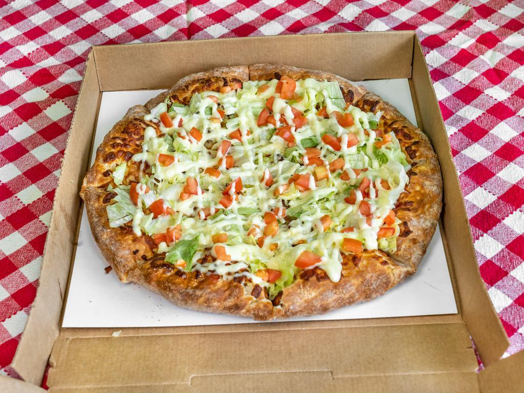 BLT Pizza · Mozzarella & bacon topped with lettuce, tomato & mayo