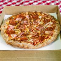 Meat Mixer Pizza · Pizza sauce, mozzarella, pepperoni, ham, bacon, Italian sausage & ground beef