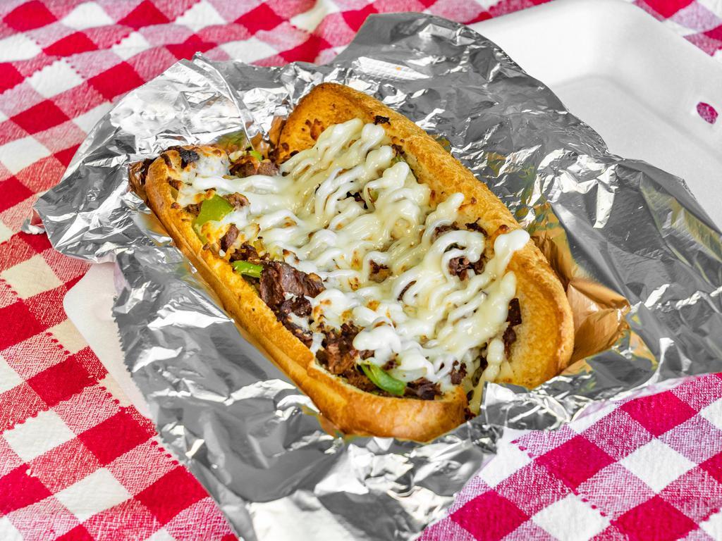 Philly Cheesesteak Hoagie · Original philly steak, white onion, green pepper, and mozzarella. Served on toasted hoagie & mayo