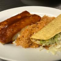 1. One taco , 2 Enchiladas and Spanish Rice Combo · 