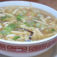 Hot and Sour Soup · 32 oz. Pork, shrimp, bean curd, bamboo shoots and black fungus with hot white pepper and vin...