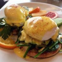 Avacado Benedict Breakfast · Spinach, tomato, avocado, poached eggs, toasted English muffin, Hollandaise and Cadillac pot...