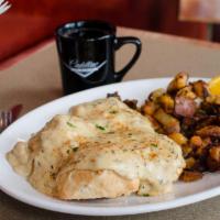 Cadillac Biscuits and Gravy · Housemade buttermilk biscuits, country sausage gravy and Cadillac potatoes.