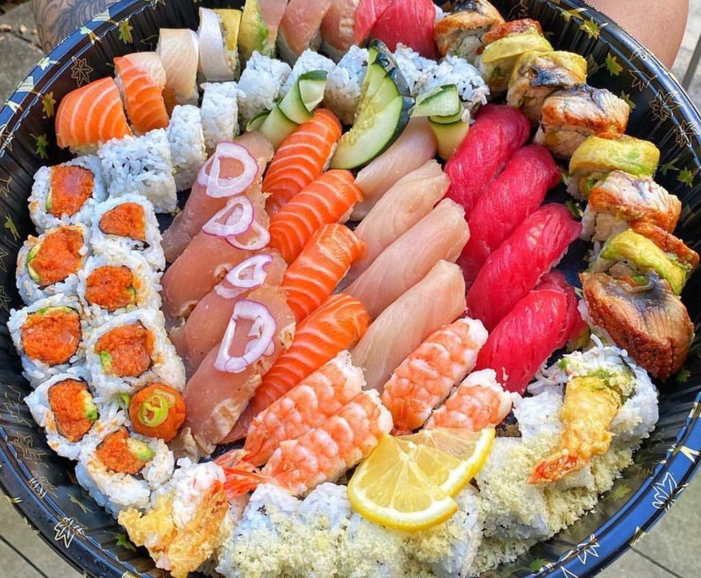 Sushi & Roll Party · For 4-6 Persons 
20 pcs.  Sushi & 40 pcs	 Rolls

- 4 pcs Tuna
- 4 pcs Salmon
- 4 pcs. Yellowtail
- 4 pcs Albacore
- 4 pcs. Shrimp
- California Roll
- Spicy Tuna Roll
- Shrimp Crunch Roll
- Caterpillar Roll
- Rainbow Roll