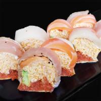 Ex Boyfriend Roll · spicy crab, spicy tuna, avocado with salmon, albacore, yellowtail on top wrapped with soy pa...