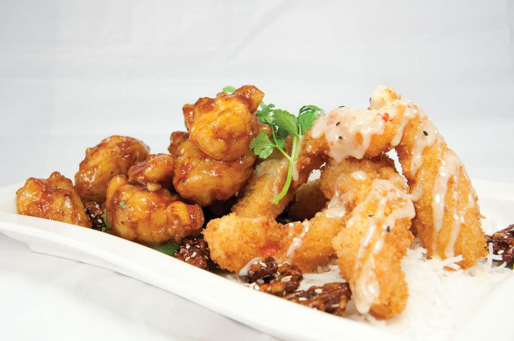 Crispy Chicken and Shrimp with Honey Walnut · Served with your choice of brown or white rice.